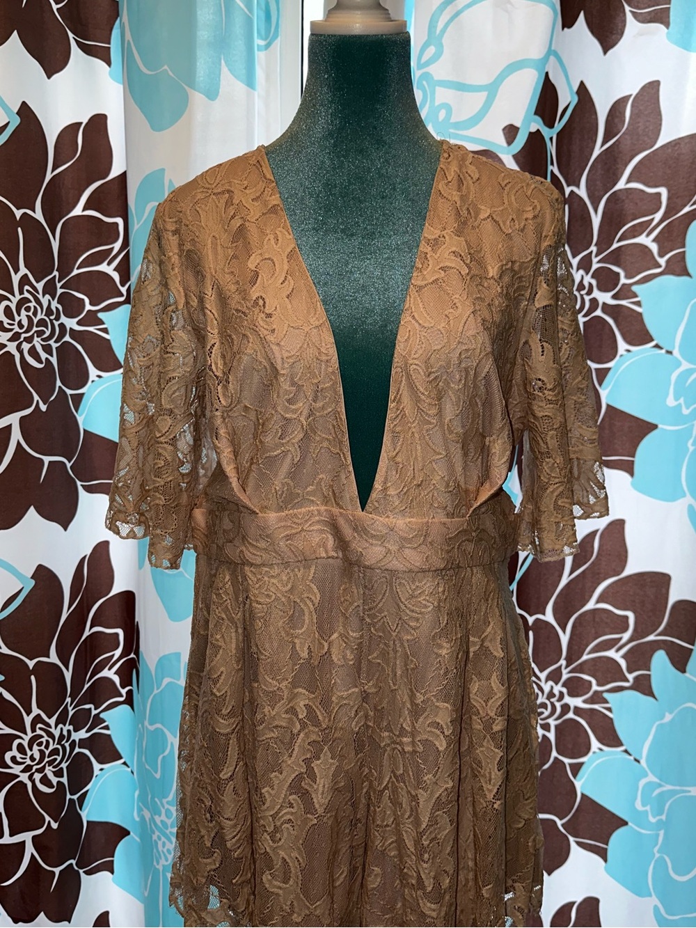 Taupe Lace Deep V-Neck Mini Dress